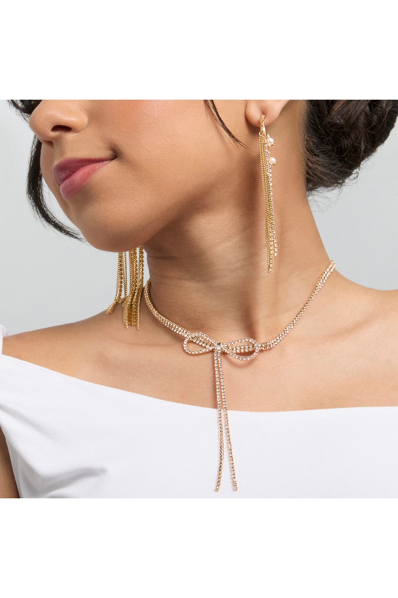 Crystal Double Strand Bow Lariat Necklace, Alternate, color, Gold
