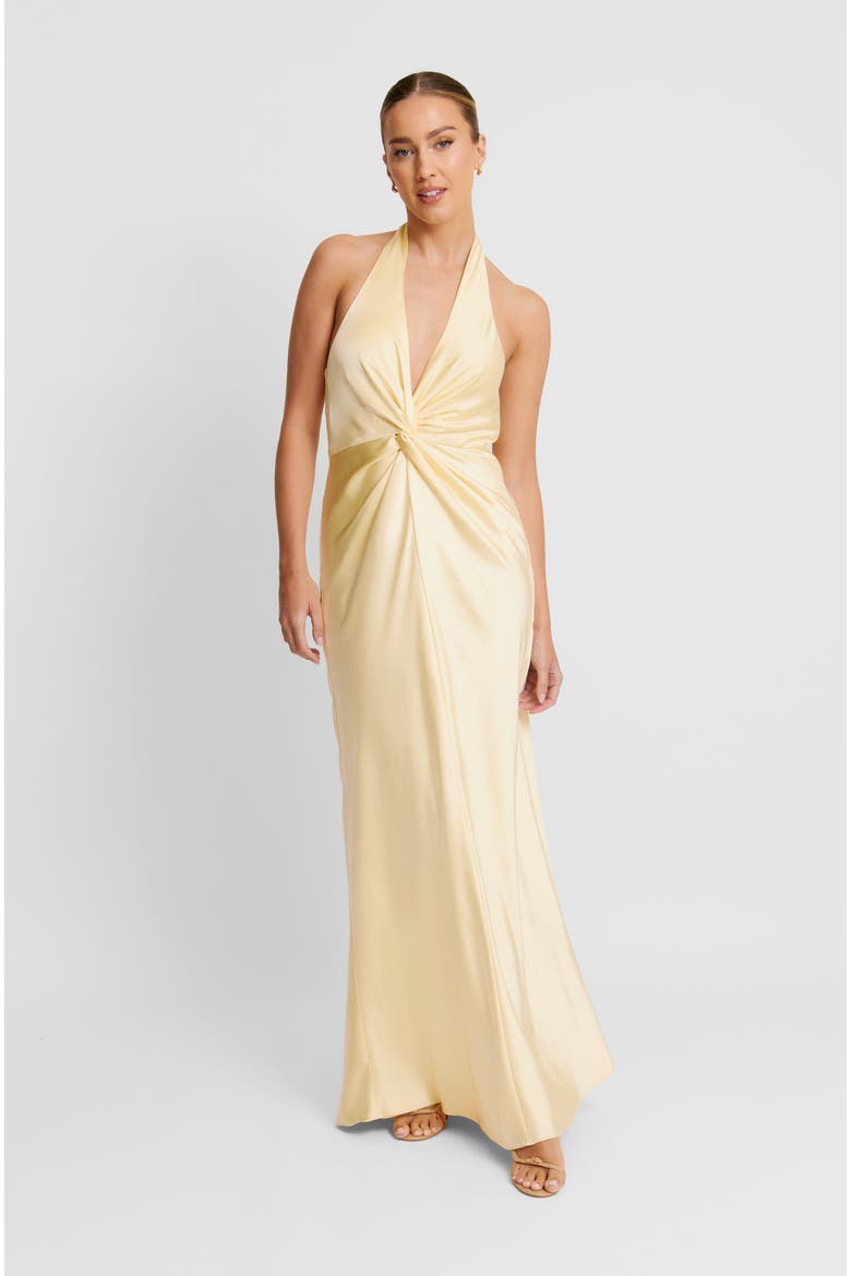 Plunge Knot Satin Bridesmaid Dress, Alternate, color, Lemon