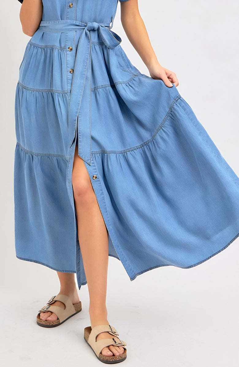 Knit and Lounge Short Sleeve Tiered Button Front Collared Midi Dress, Alternate, color, Chambray Blue