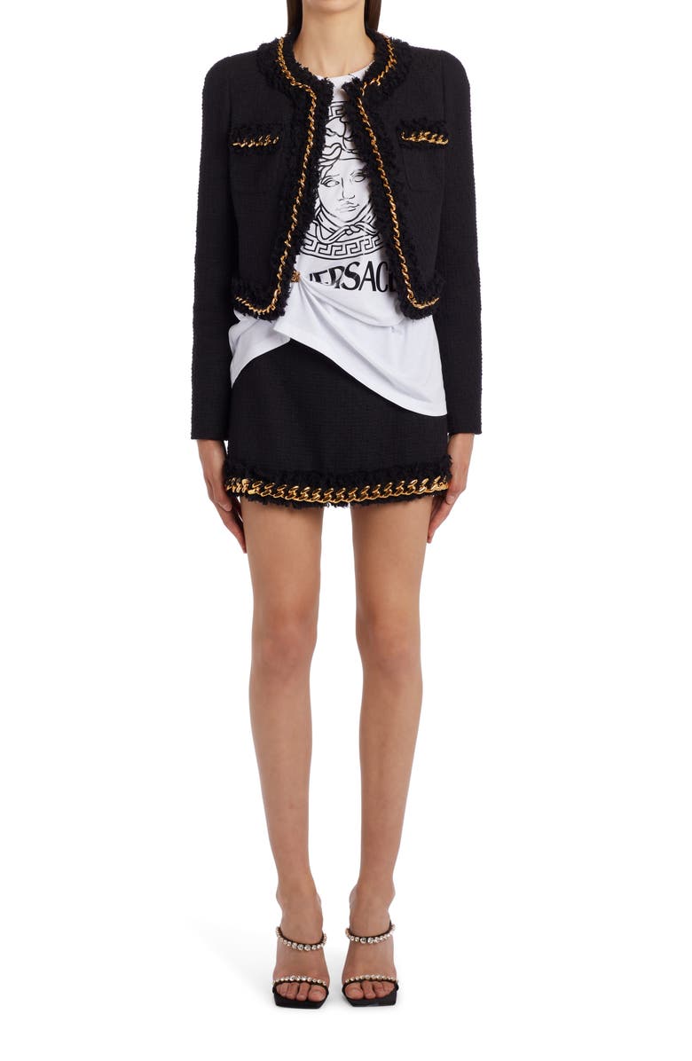 Versace Chain Detail Crop Tweed Jacket, Alternate, color,
