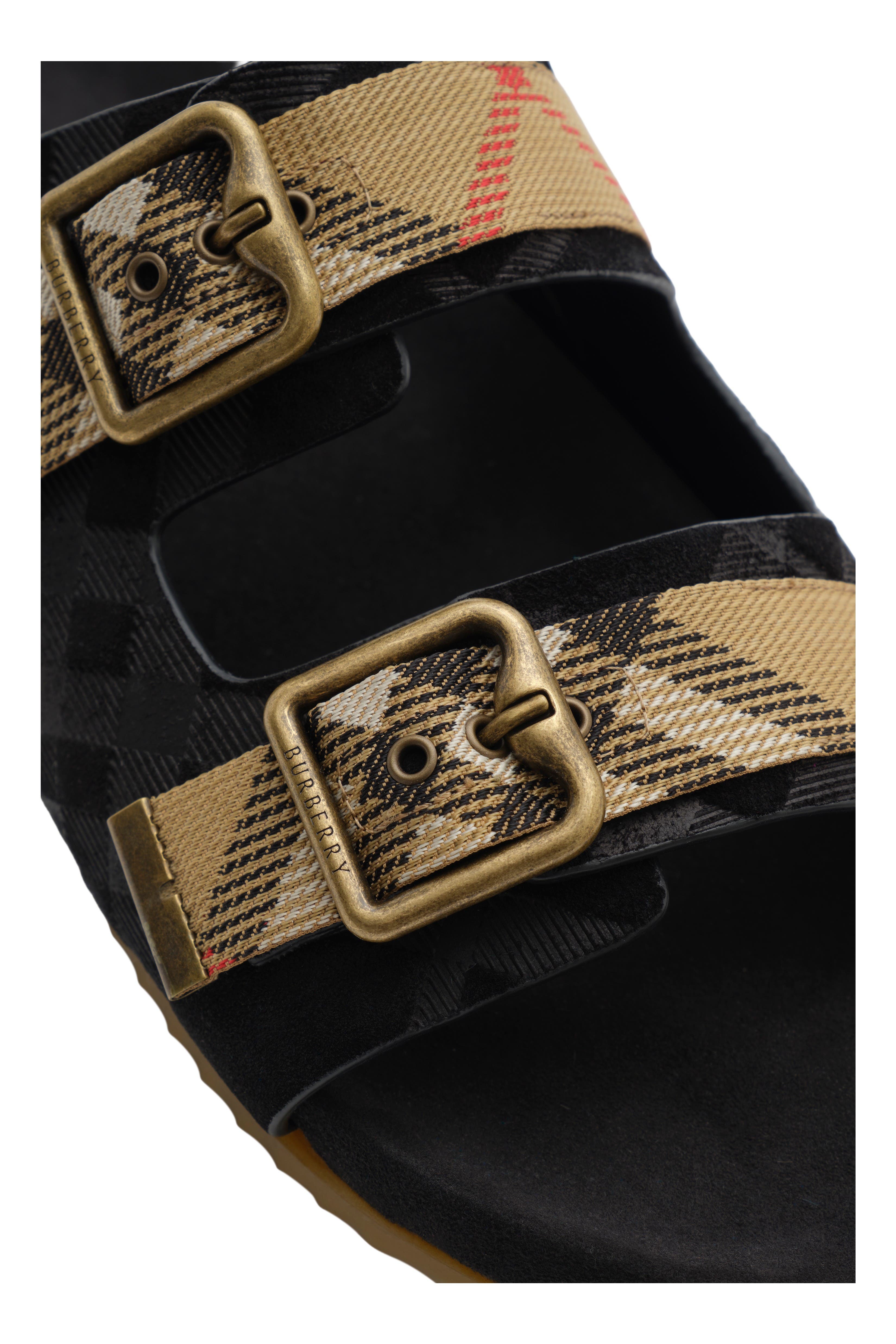 Burberry Check Suede Urchin Sandals, Alternate, color, Black