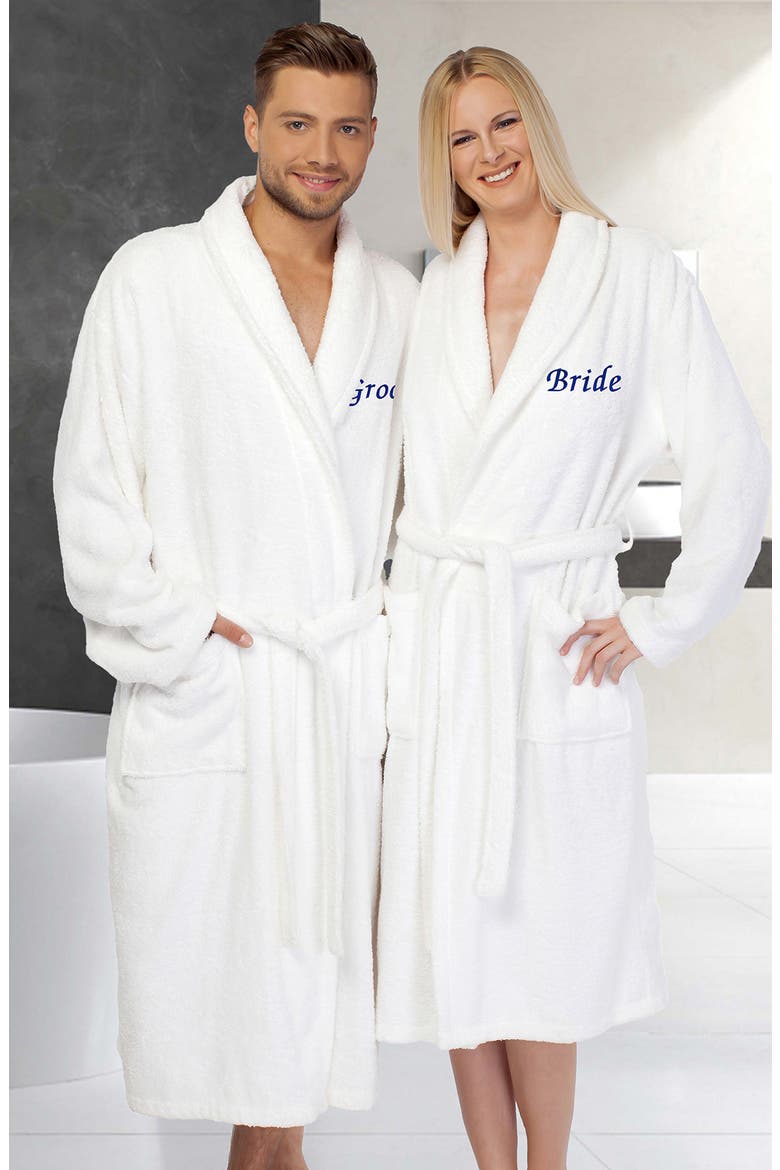 Navy Embroidered 'Groom' Terry Bathrobe, Alternate, color, WHITE