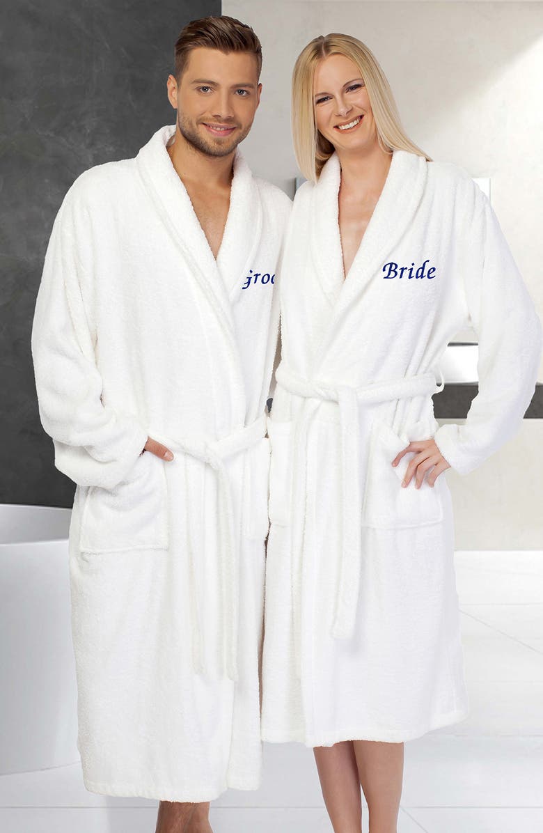 Linum Home Textiles Navy Embroidered 'Groom' Terry Bathrobe, Alternate, color, White