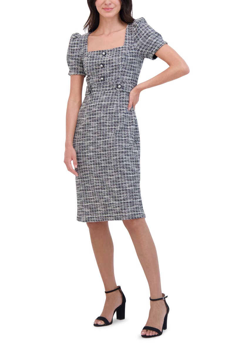 Eliza J Puff Sleeve Tweed Sheath Dress, Alternate, color, Black Ivory