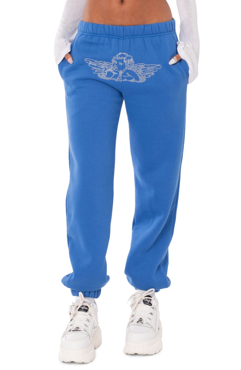 EDIKTED Angie Rhinestone Sweatpants, Main, color, Blue
