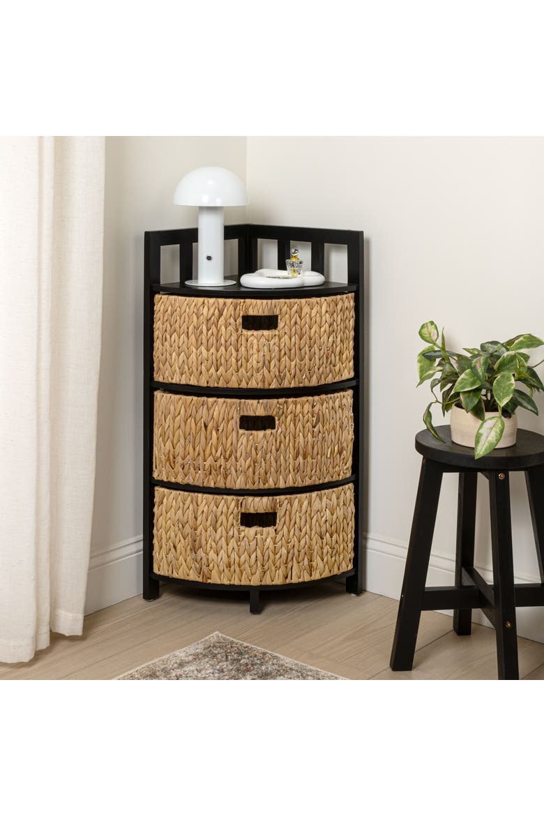 Quart Handcrafted Acacia Wood 3-Tier Corner Storage Cabinet with 3 Water Hyacinth Baskets, Alternate, color, Black