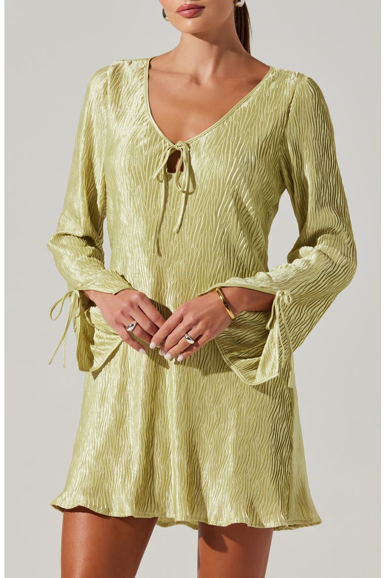 Long Sleeve Plissé Minidress, Alternate, color, CELERY