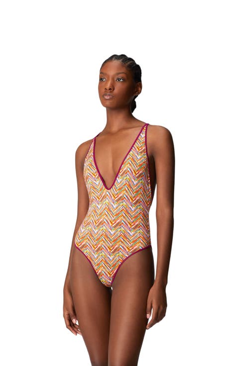 Reversible One-piece Swimsuit With Print And V-neck
