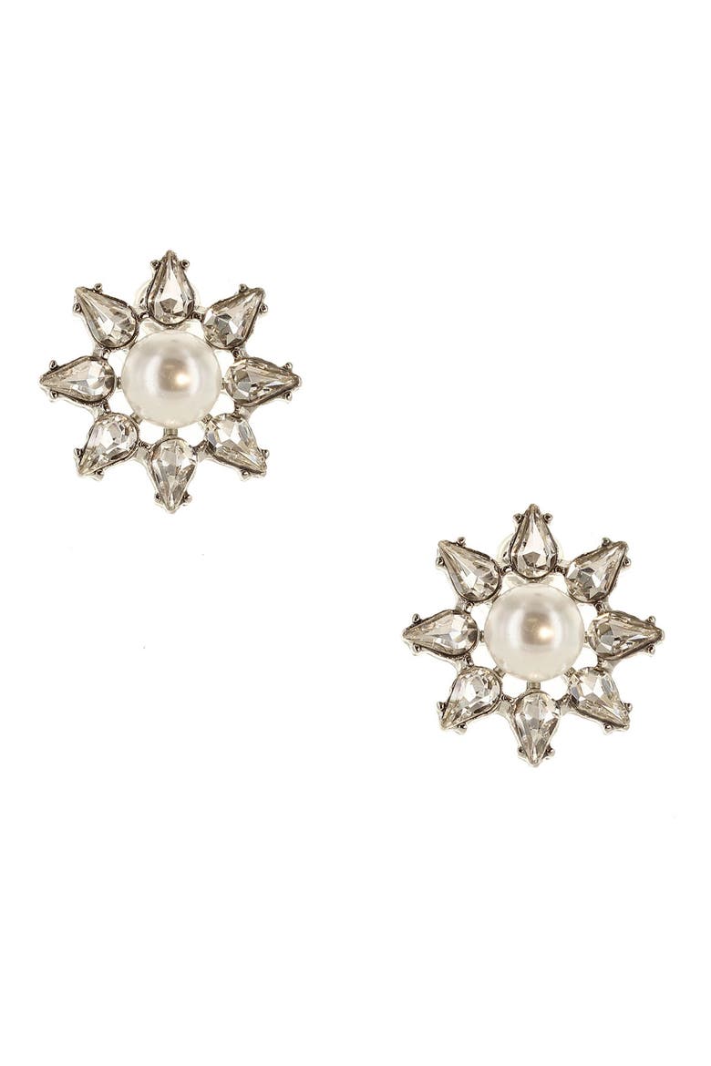Naia Imitation Pearl & Crystal Stud Earrings, Main, color, GRAY