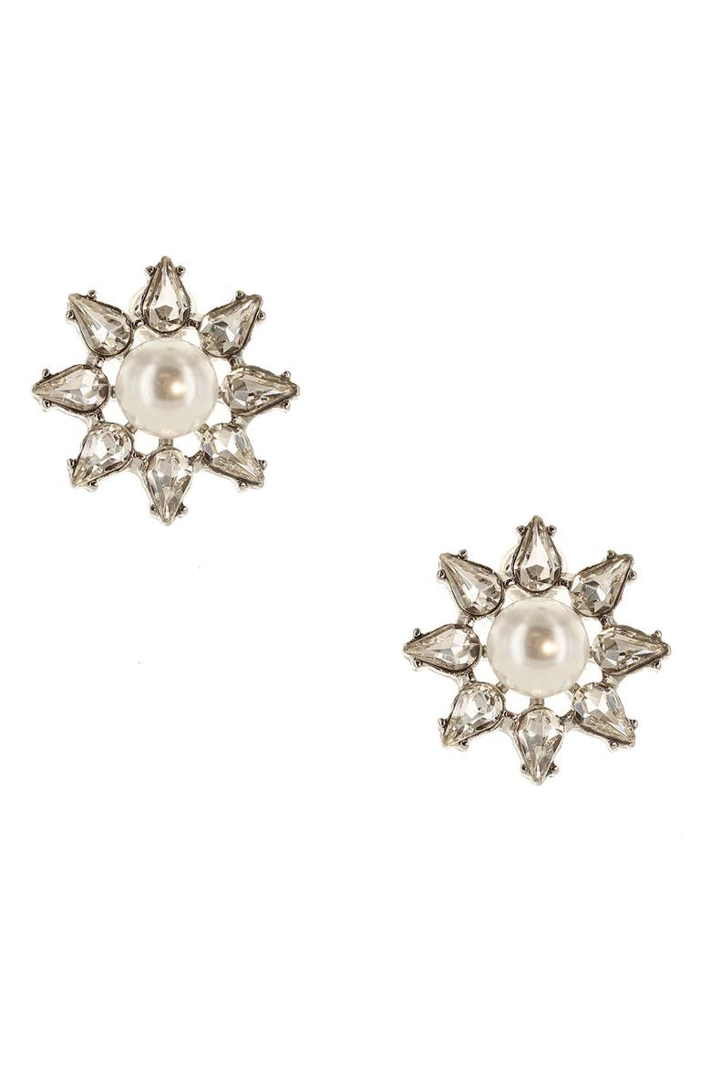 OLIVIA WELLES Naia Imitation Pearl & Crystal Stud Earrings, Main, color, Gray
