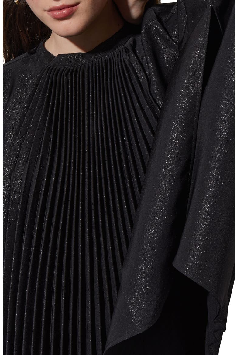 Shimmering Pleated Woven Top, Alternate, color, BLACK/ SILVER