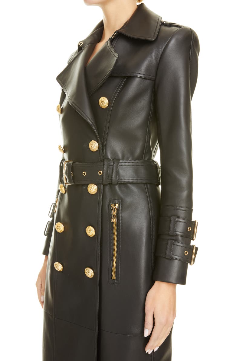 Balmain Double Breasted Leather Trench Coat, Alternate, color,