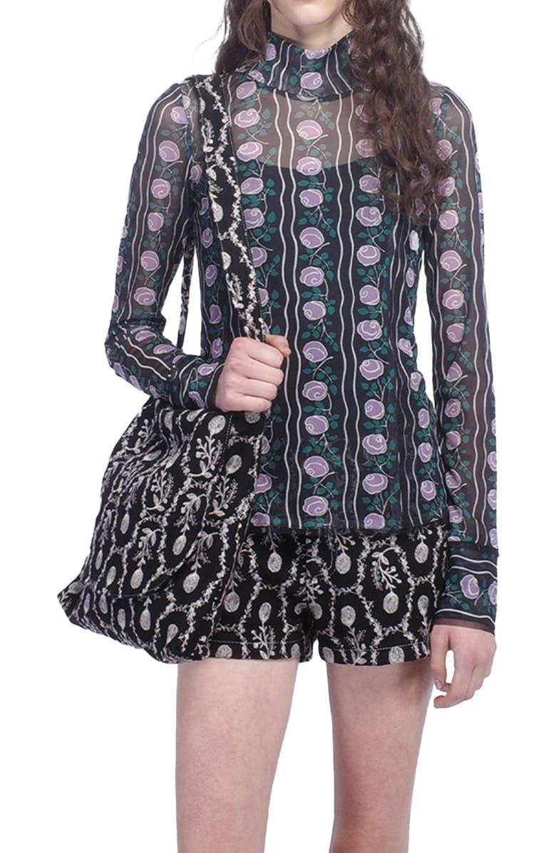 Anna Sui Rosetti Mesh Turtleneck Top, Main, color, 