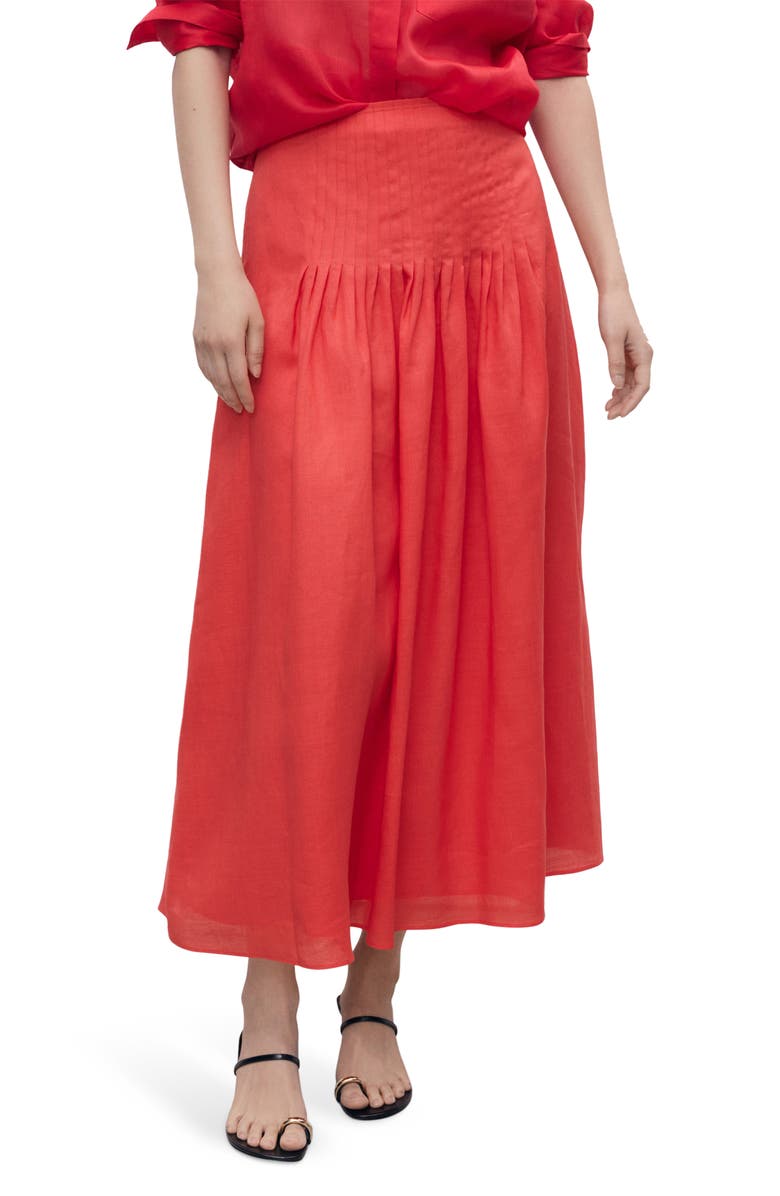 MANGO Pleated Ramie Midi Skirt, Main, color, Red
