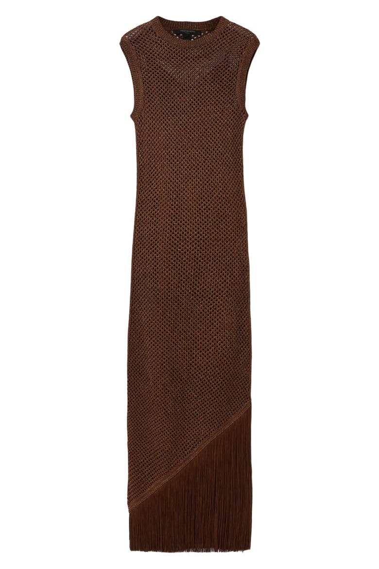 Jessie Sleeveless Fringe Trim Dress, Alternate, color, BURNT BROWN