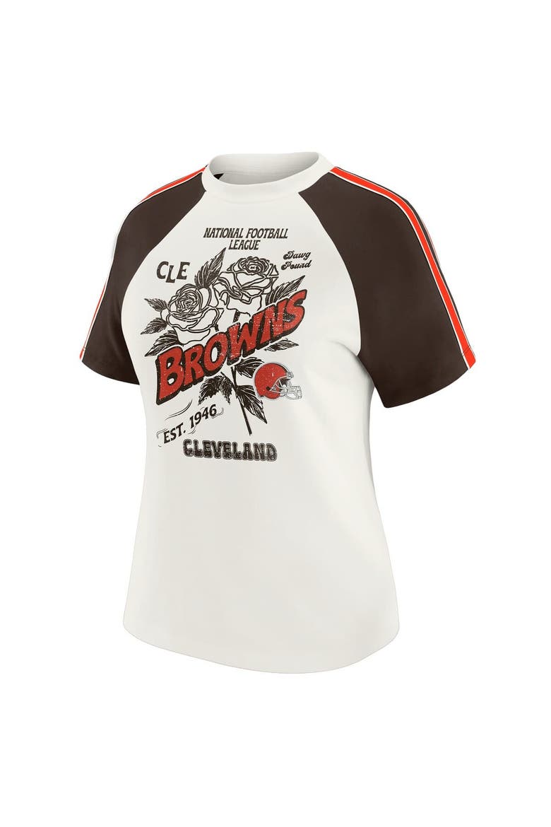 Women's WEAR by Erin Andrews White Cleveland Browns Sleeve Stripe Distressed Raglan T-Shirt, Alternate, color, White