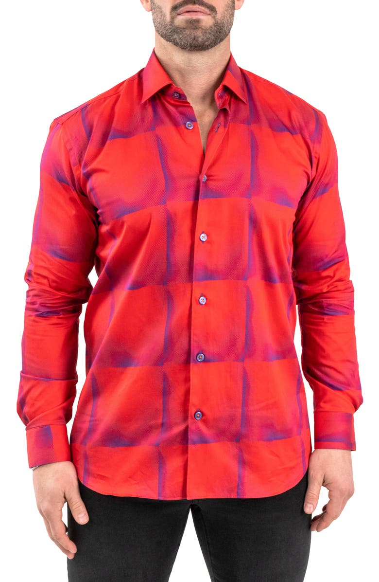 Maceoo Fibonacci Tile Print Contemporary Fit Button-Up Shirt, Main, color, Red
