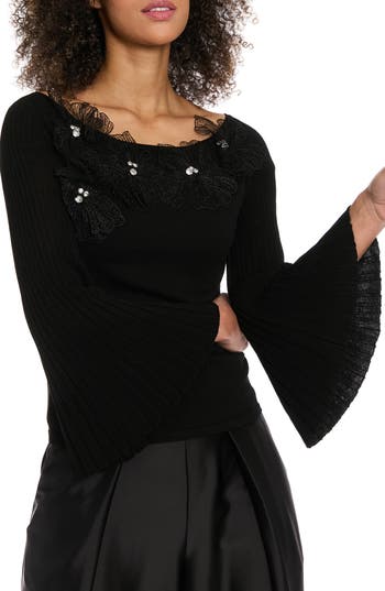 Muse Off The Shoulder Trumpet Sleeve Sweater In Black