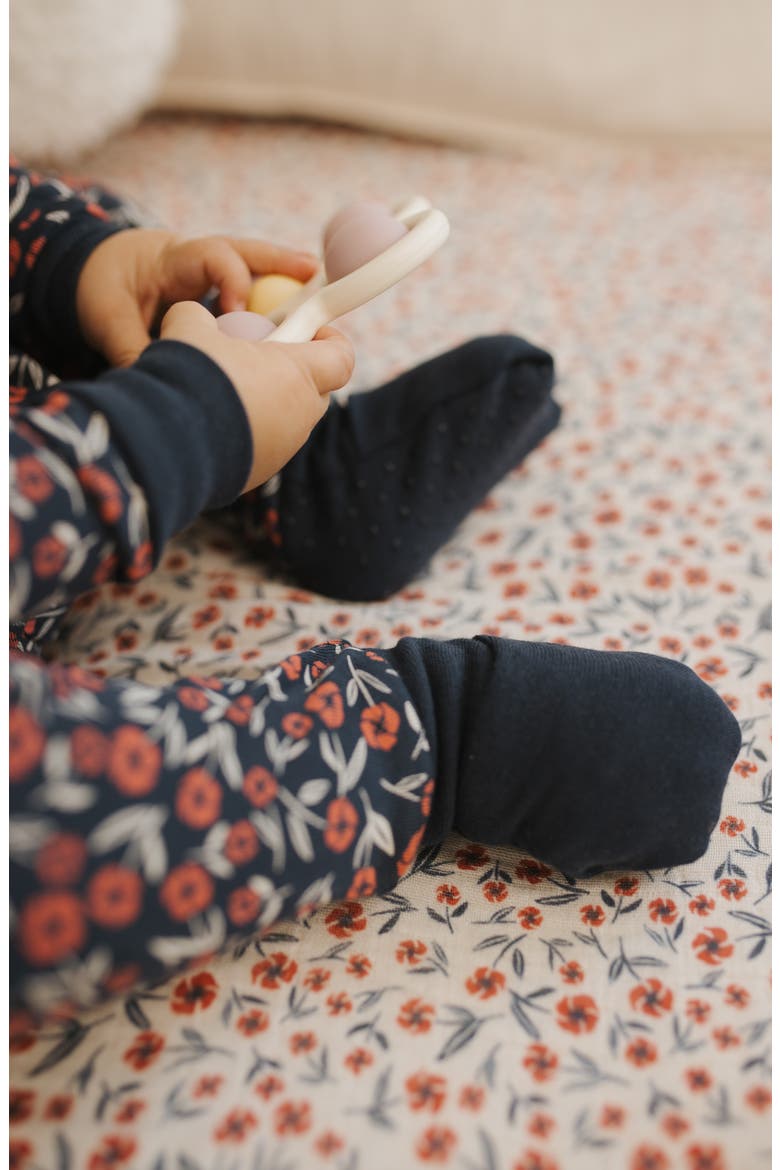 Poppy Floral Print Fitted Footie Pajamas, Alternate, color, NAVY