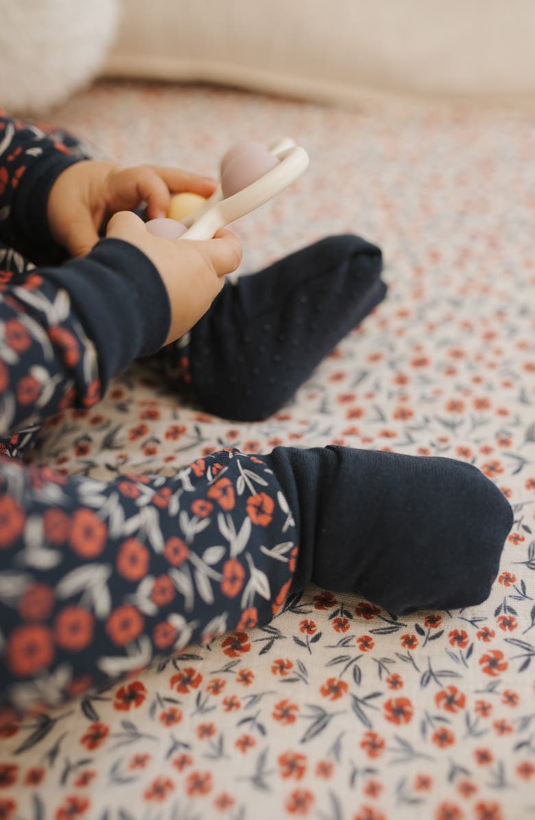 FIRSTS by Petit Lem Poppy Floral Print Fitted Footie Pajamas, Alternate, color, Navy