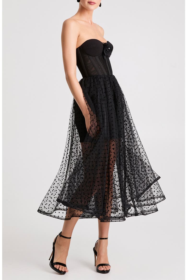 Valen Flocked Strapless Party Dress, Alternate, color, BLACK
