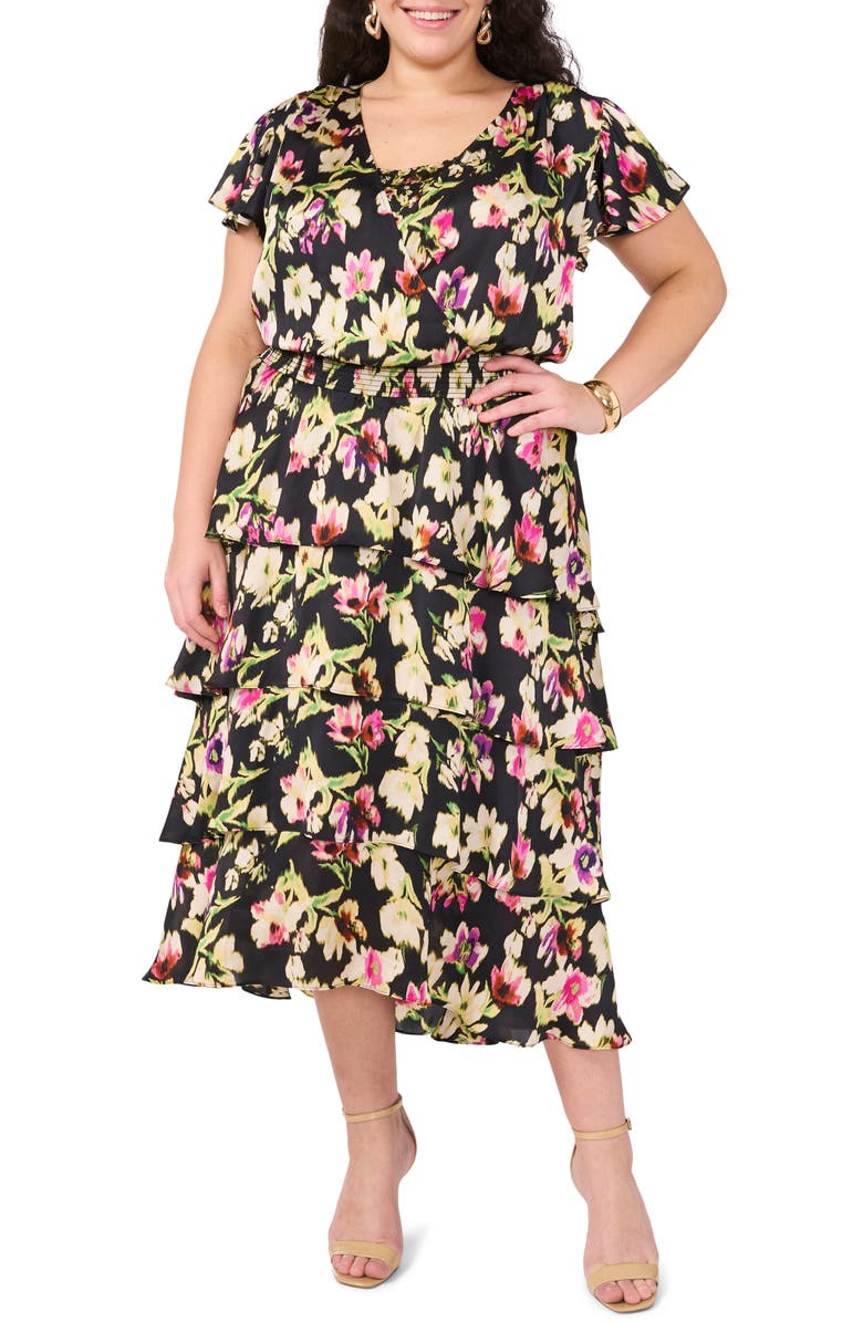 Vince Camuto Floral Tiered Midi Dress, Main, color, Rich Black