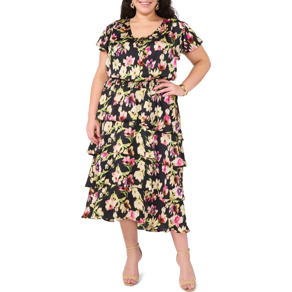 Shop Vince Camuto Floral Tiered Midi Dress In Rich Black