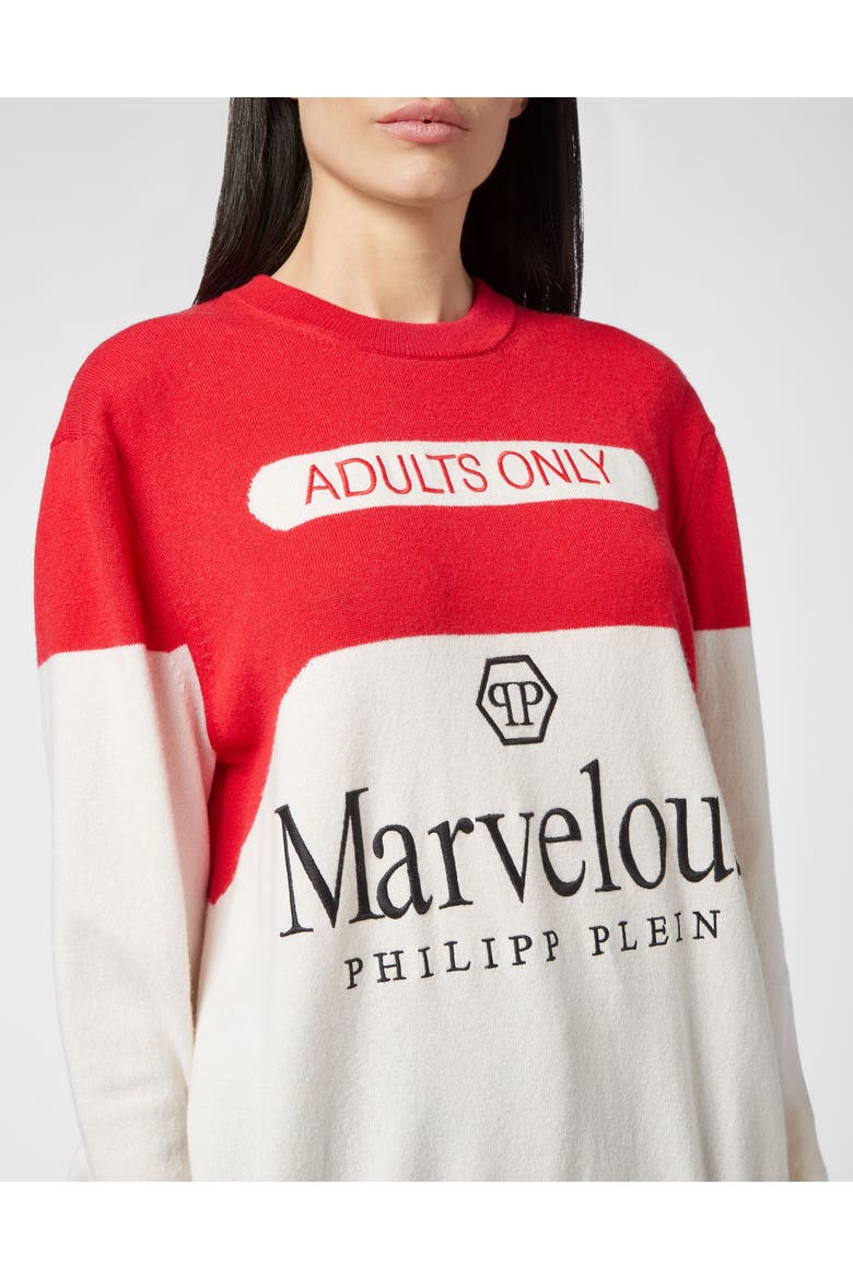 Pullover Round Neck Women, Alternate, color, white/red