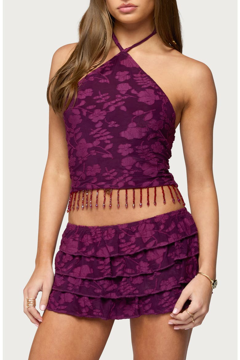 Keyla Floral Jacquard Beaded Fringe Halter Top, Main, color, PLUM