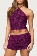 EDIKTED Keyla Floral Jacquard Beaded Fringe Halter Top