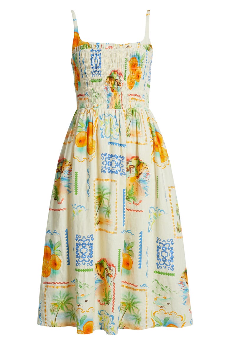 Cecelia Postcard Print Linen Blend Midi Sundress, Alternate, color, POSTCARD