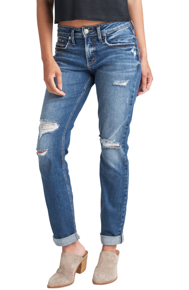 Silver Jeans Co. Ripped Mid Rise Boyfriend Jeans, Main, color, 