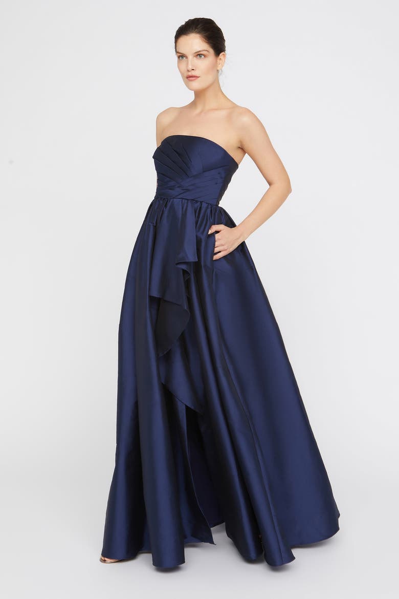 Esmerina Taffeta Asymmetric Neck Gown, Alternate, color, Navy