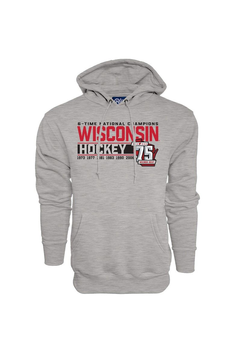 Men's Blue 84  Heather Gray Wisconsin Badgers Men's Hockey 75th Season & Six-Time National Champions Pullover Hoodie, Alternate, color, Heather Gray