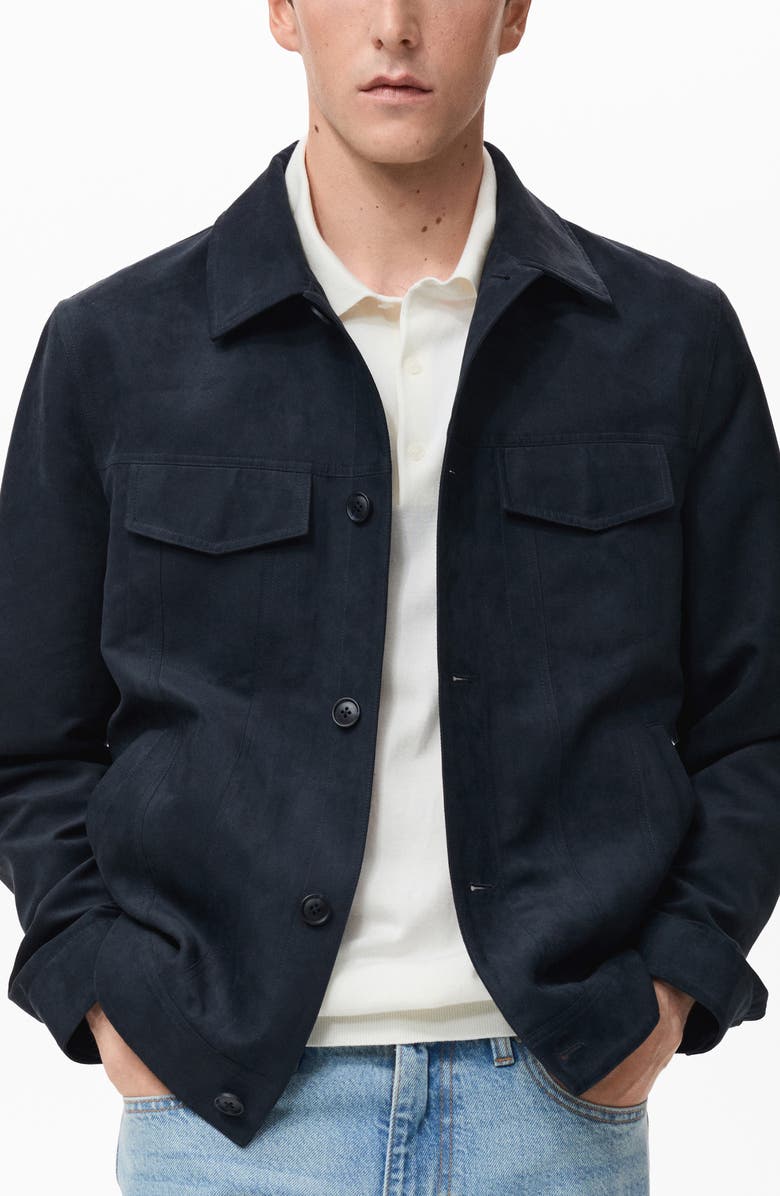 MANGO Faux Suede Shirt Jacket, Main, color, Navy