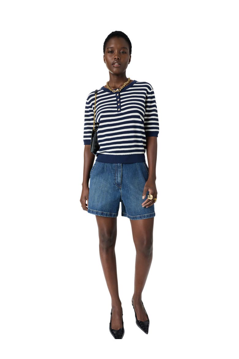 Laina Short Sleeve Button Neck Knit Top, Alternate, color, Navy Blue