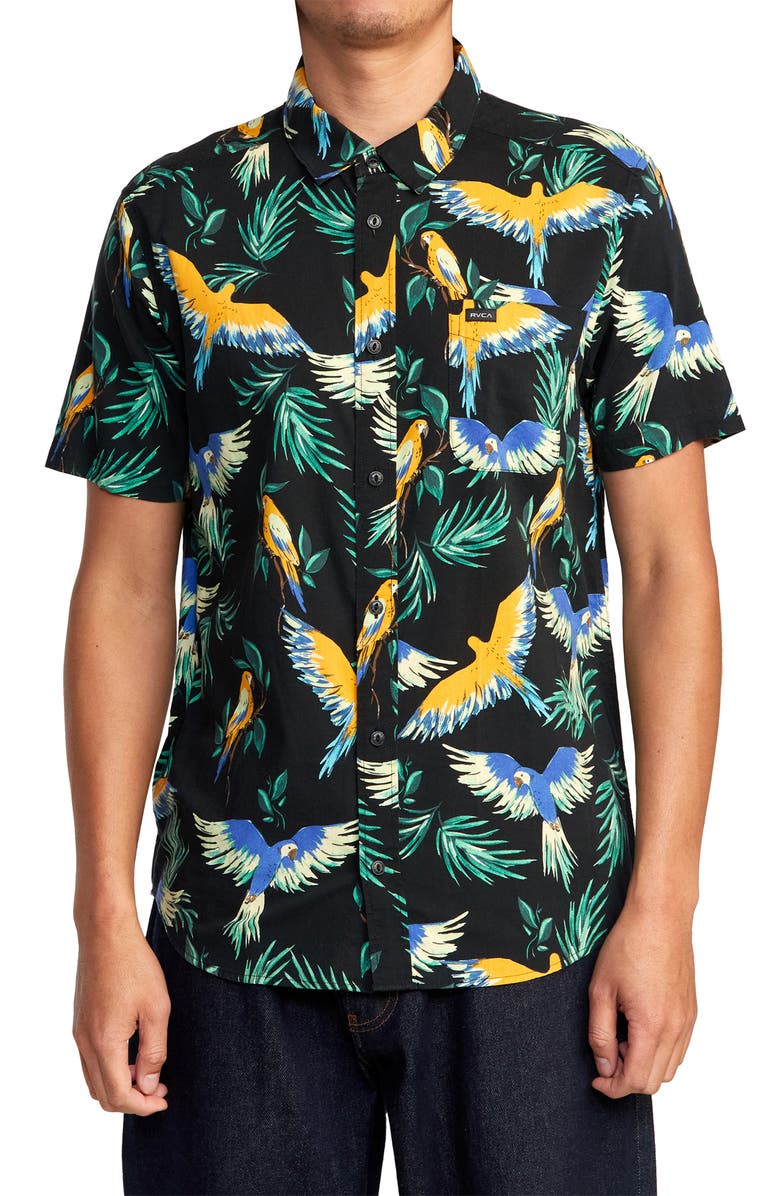 RVCA Pandemonium Short Sleeve Button-Up Shirt, Main, color, 