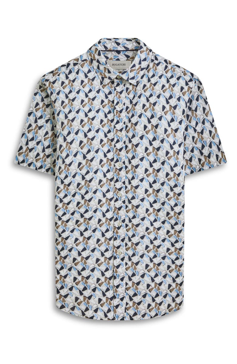 Bugatchi Orson Geo Print Short Sleeve Cotton & Linen Button-Up Shirt, Alternate, color, Sand