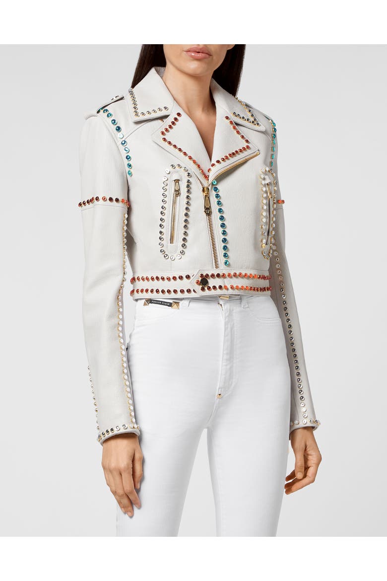 Leather Biker Cropped Crystal Stones With Crystals Women, Main, color, white