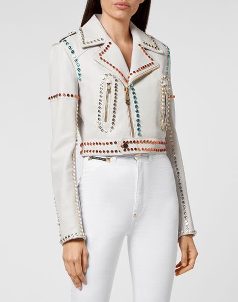 Leather Biker Cropped Crystal Stones With Crystals Women
