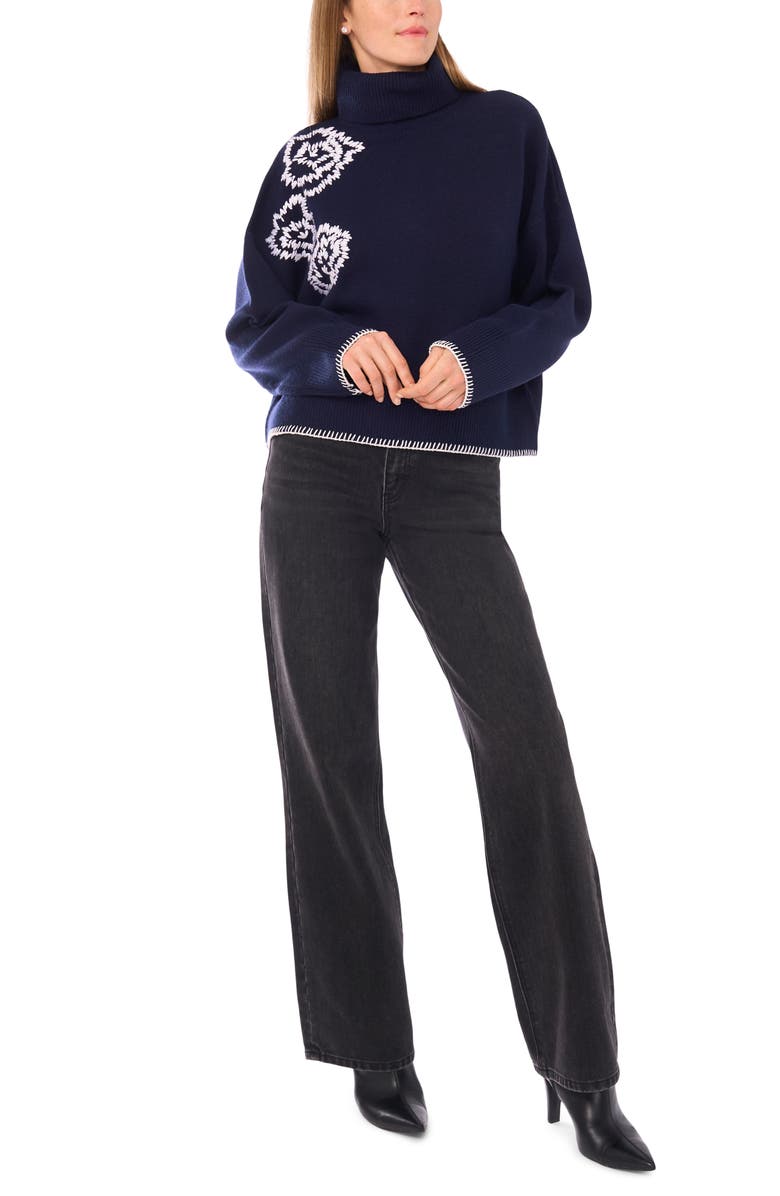 Parker Floral Embroidered Turtleneck Sweater, Alternate, color, Classic Navy