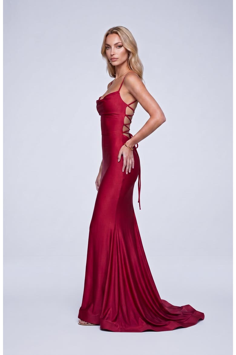 Cowl Neck Lace-Up Open Back Mermaid Gown, Alternate, color, Red