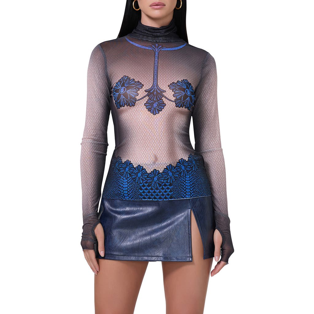 Afrm Zadie Print Mesh Turtleneck Top In Ornate Navy