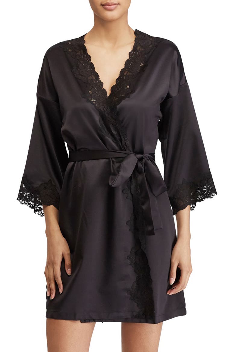 Lace Trim Satin Robe, Main, color, BLACK