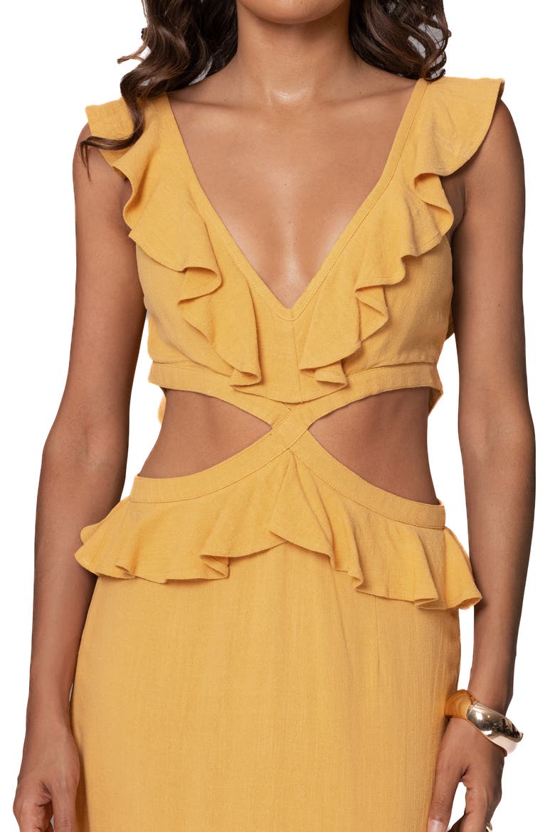 Sunshine Cutout Ruffle Cotton & Linen Maxi Dress, Alternate, color, YELLOW