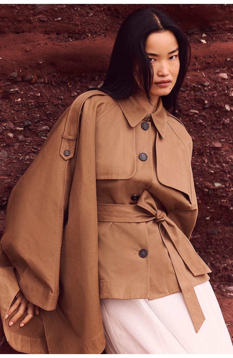 Karen Millen Cape Detail Trench Coat, Alternate, color, Camel