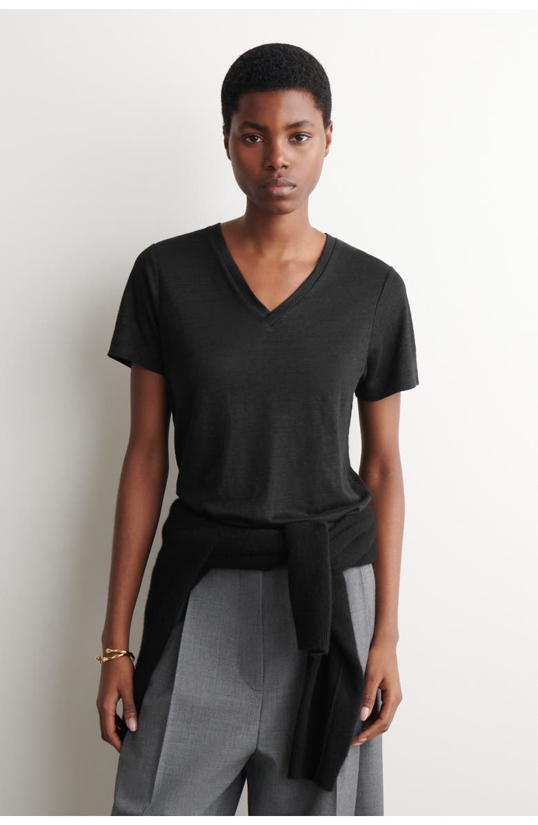 COS V-neck Linen T-shirt, Main, color, Black