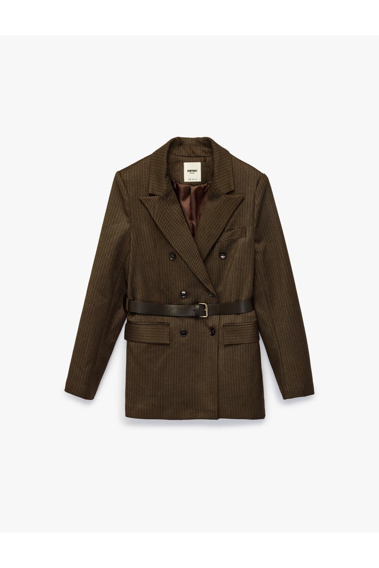 Long Sleeve Double-Breasted Belted Striped Blazer, Alternate, color, BROWN STRIPE