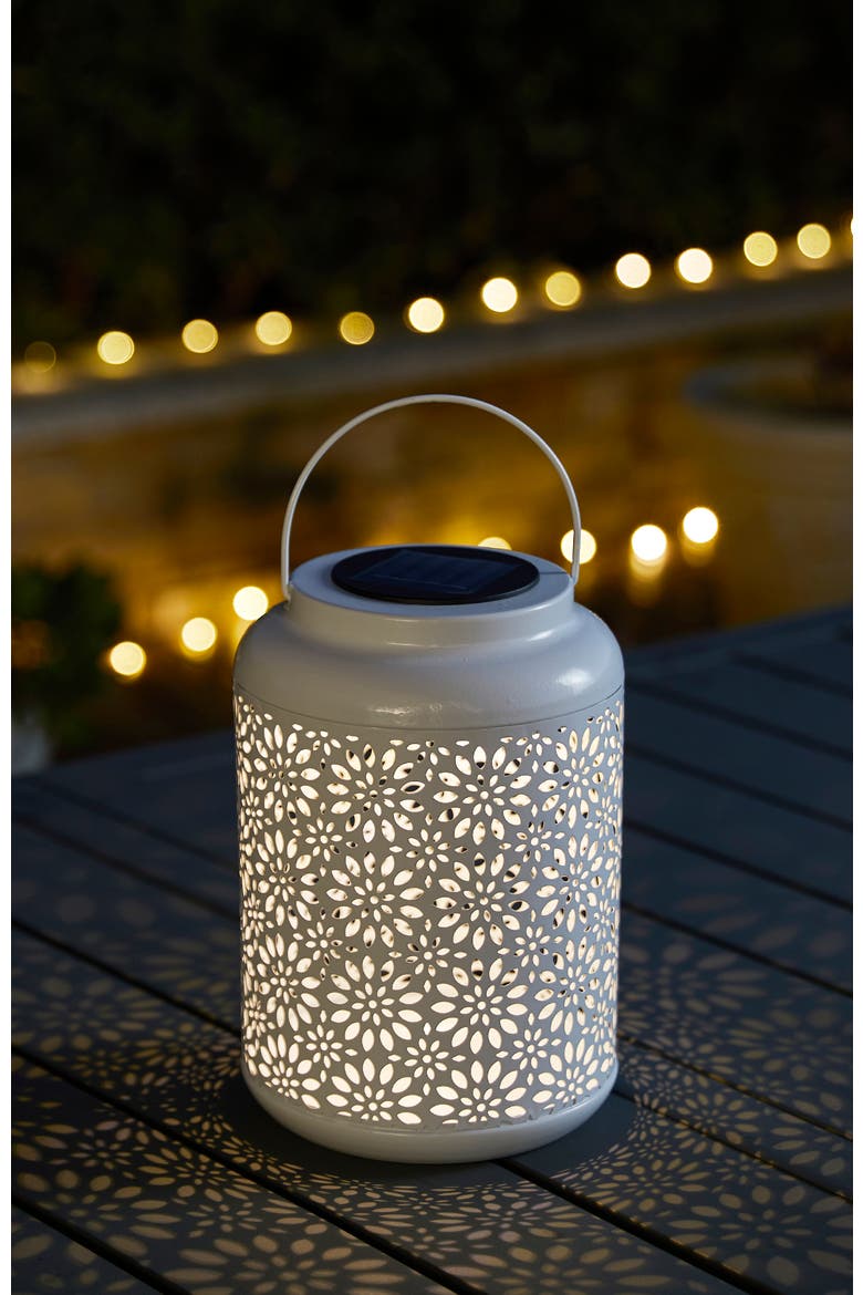 Metal Cutout Flower Solar Powered Outdoor Hanging Lantern with LED Light, Alternate, color, White