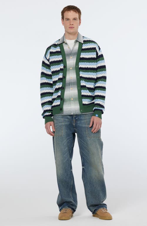 Scotch & Soda Men's Loose-fit Crocheted Stripe Cardigan In Sage Green Multi Stripe